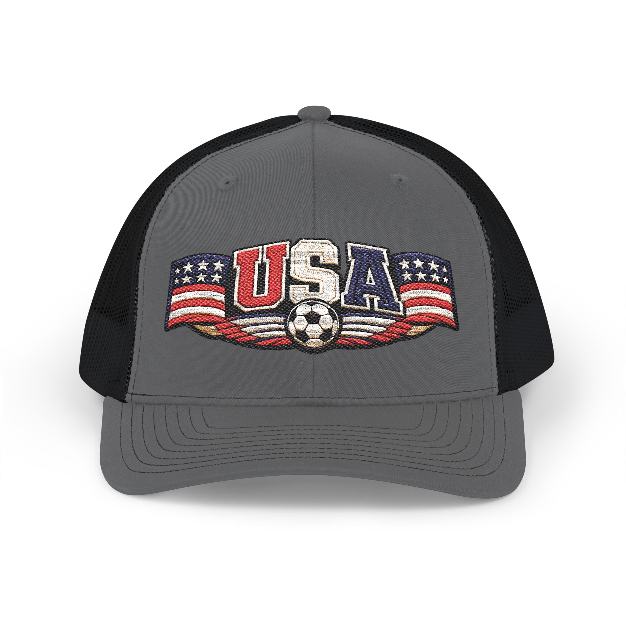 USA Soccer Trucker Cap — Patriotic Snapback Hat with Soccer Ball