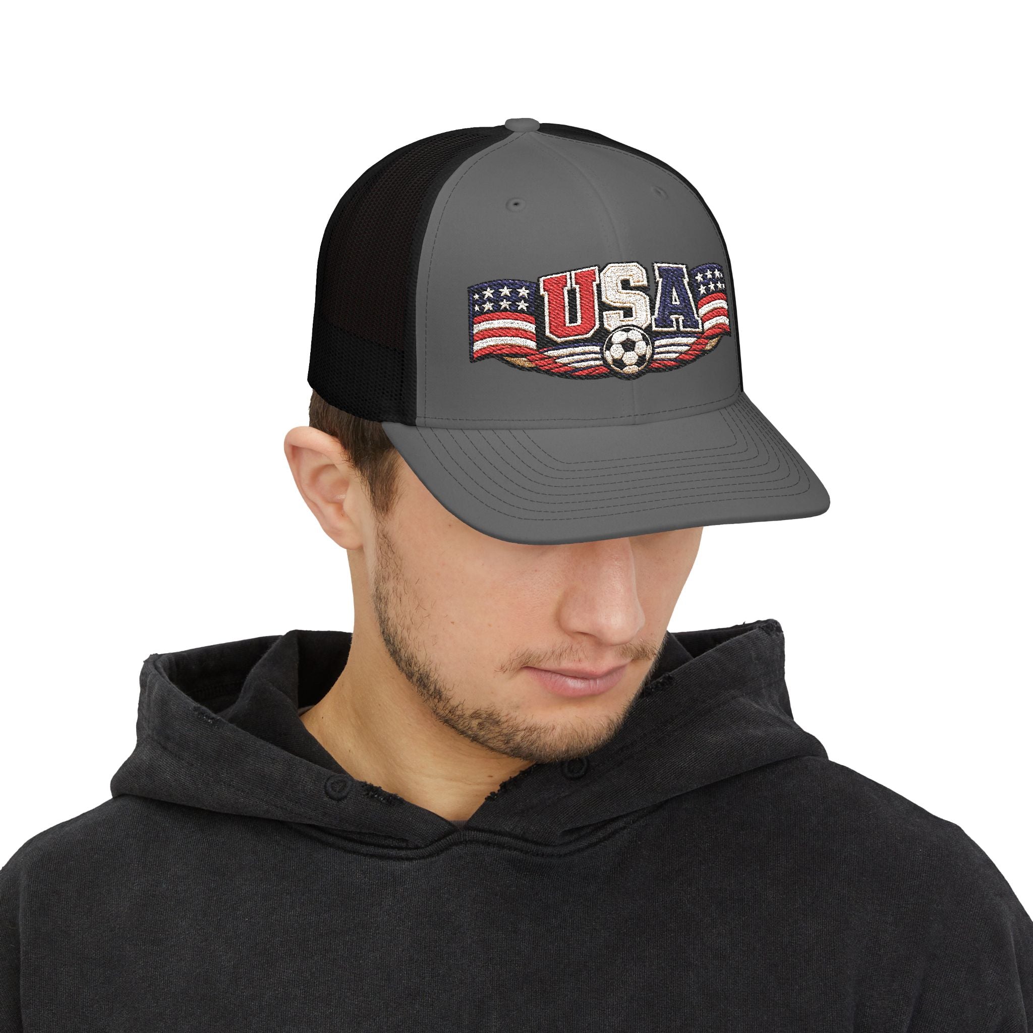 USA Soccer Trucker Cap — Patriotic Snapback Hat with Soccer Ball