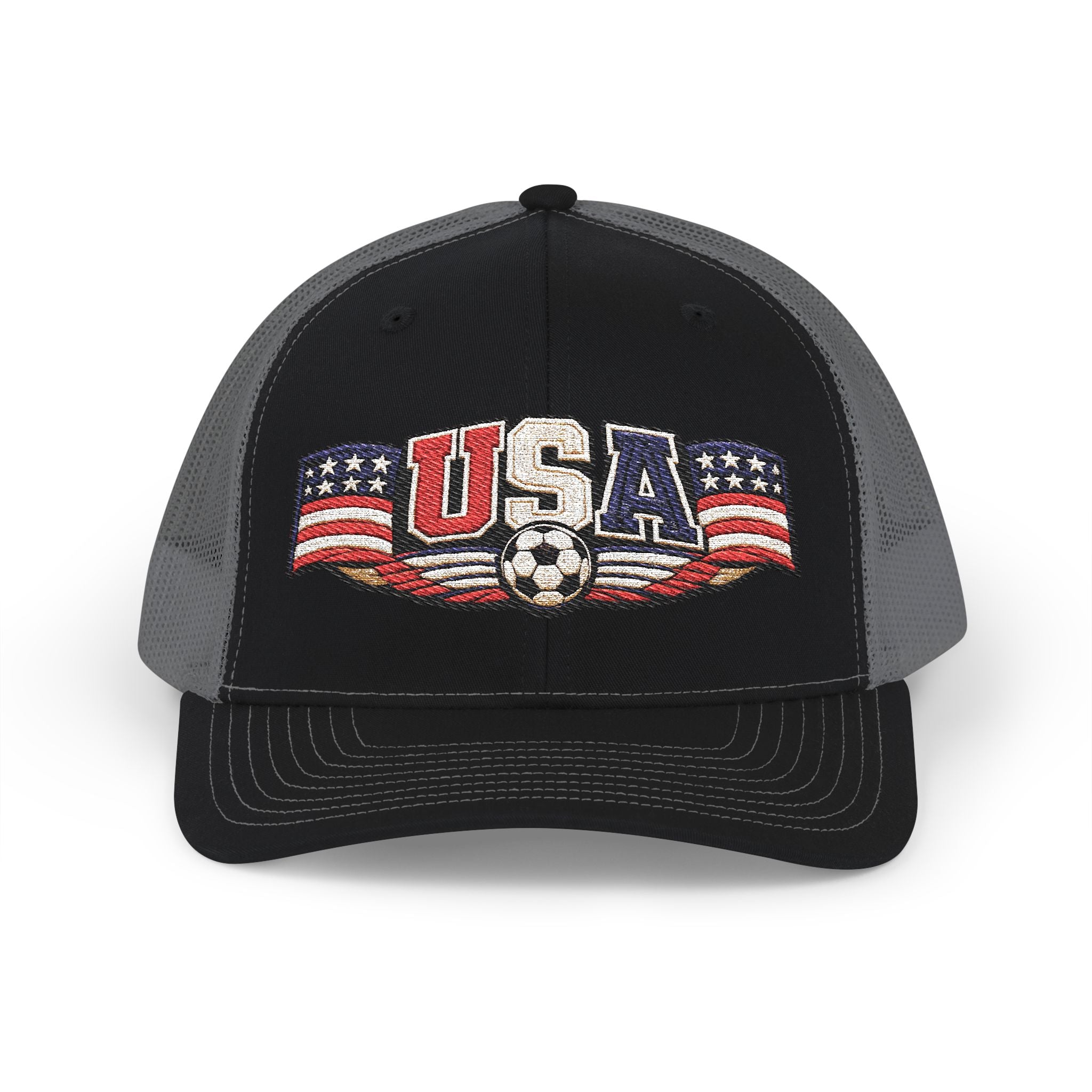 USA Soccer Trucker Cap — Patriotic Snapback Hat with Soccer Ball