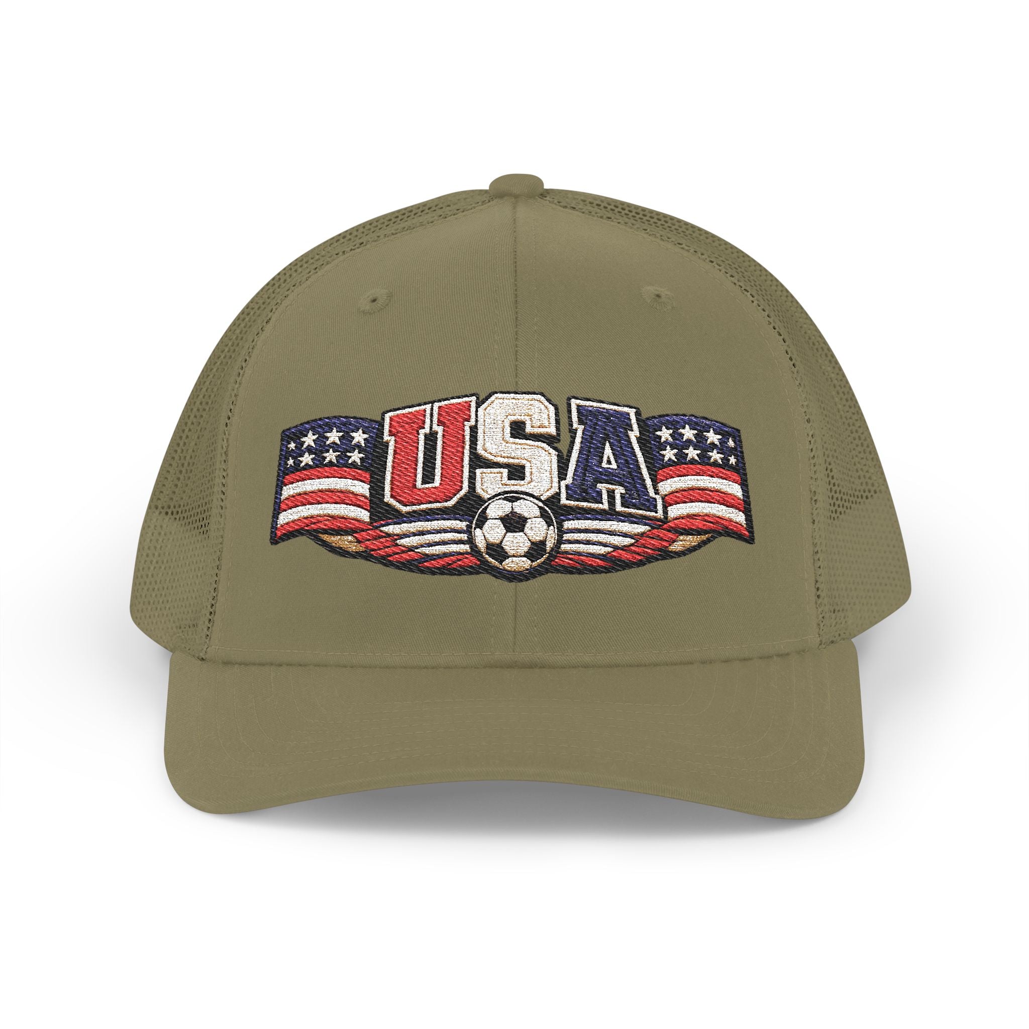 USA Soccer Trucker Cap — Patriotic Snapback Hat with Soccer Ball