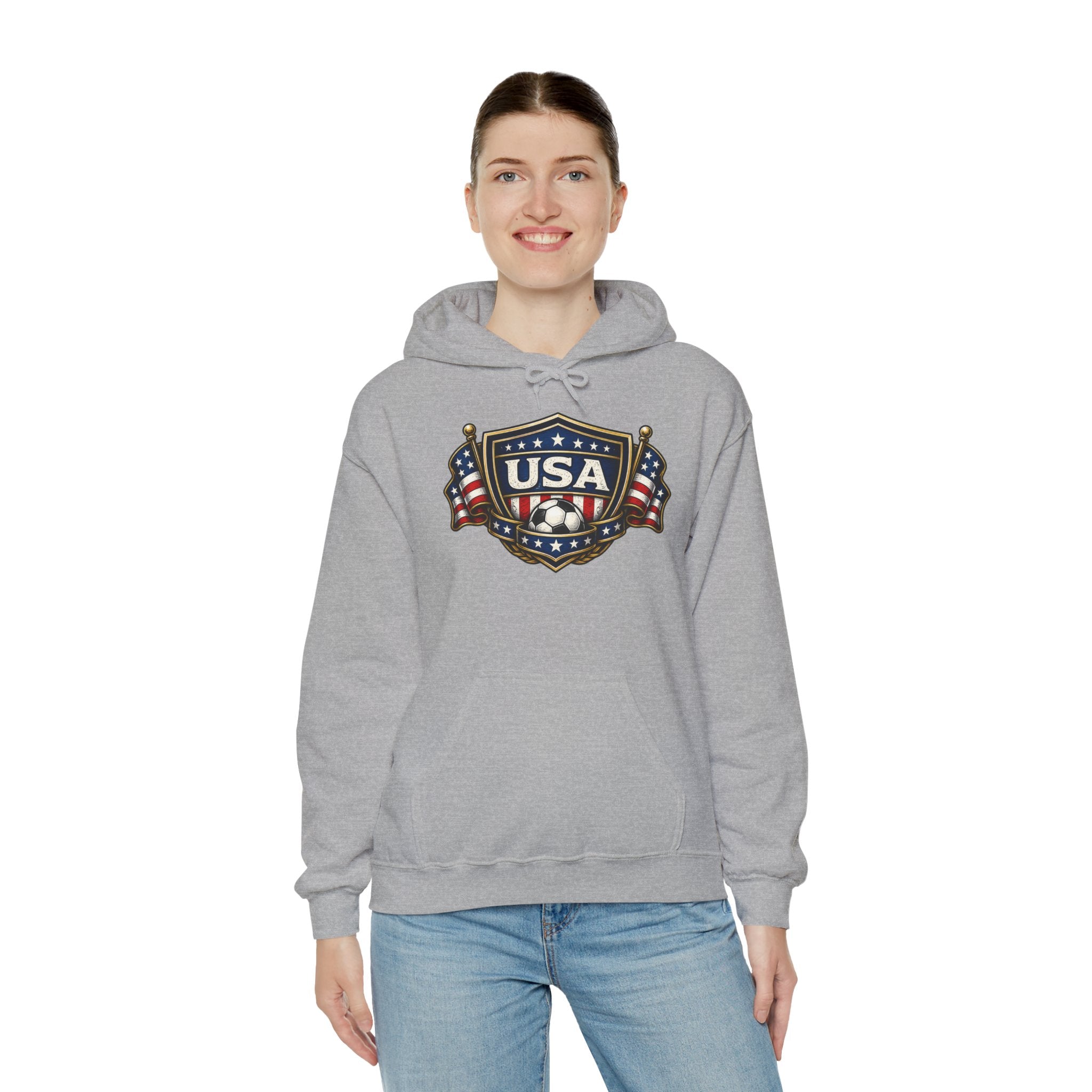 USA Shield Hoodie — American Flag Badge Pullover