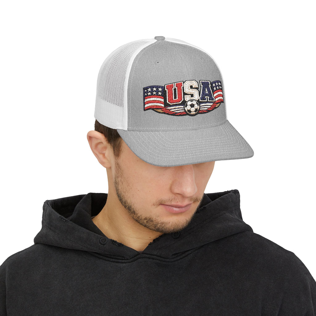 USA Soccer Trucker Cap — Patriotic Snapback Hat with Soccer Ball