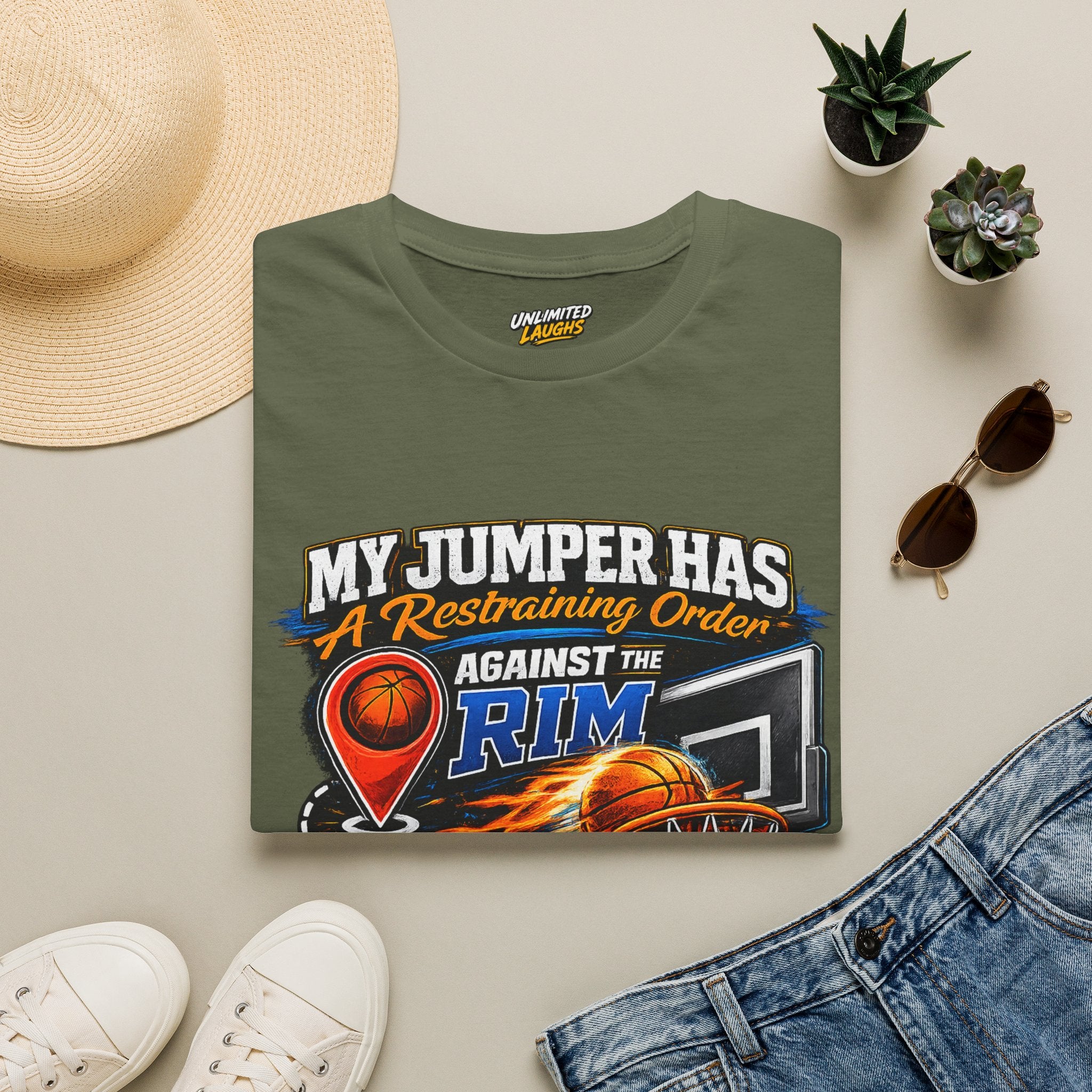 Basketball T‑Shirt — " Restraining Order Against The Rim"