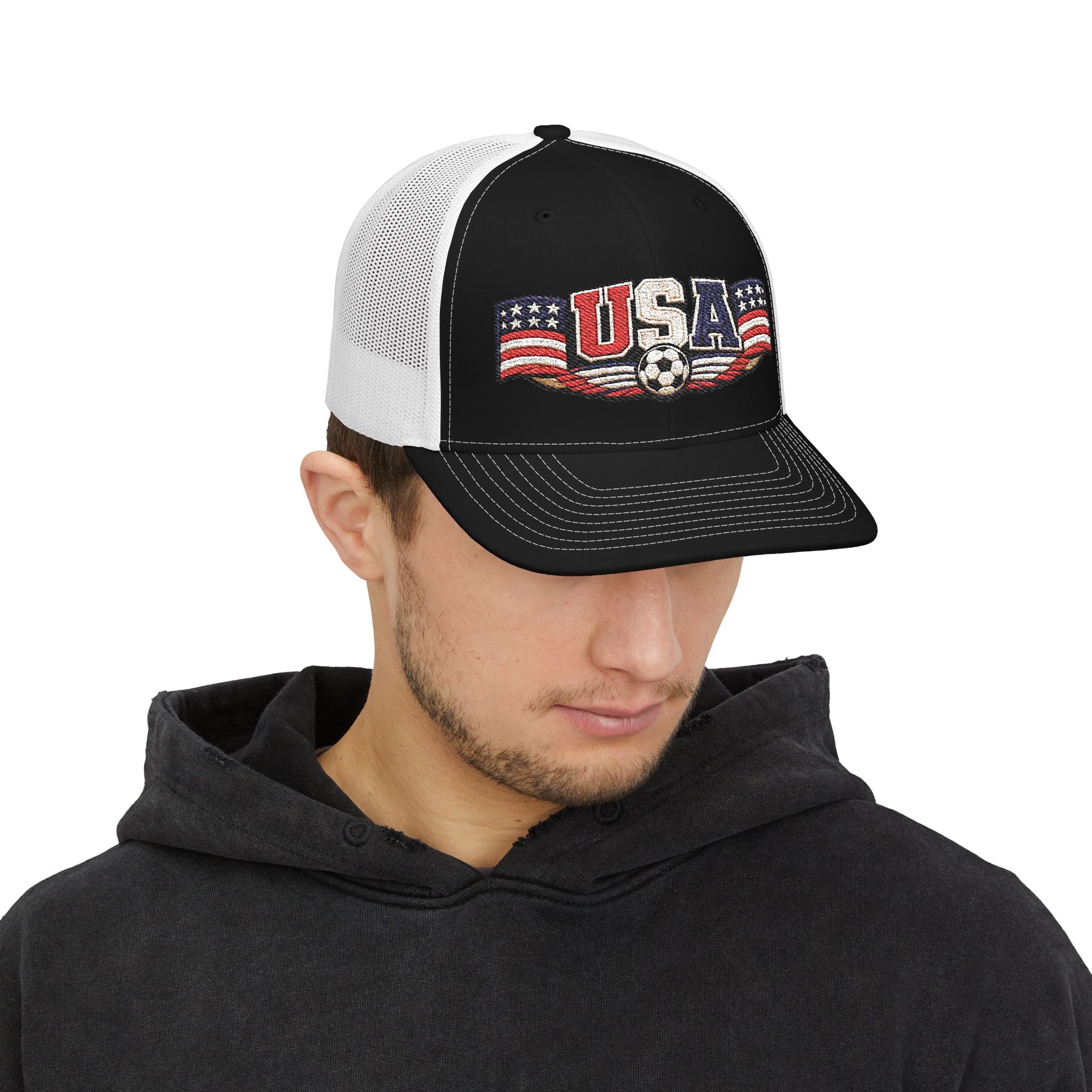USA Soccer Trucker Cap — Patriotic Snapback Hat with Soccer Ball