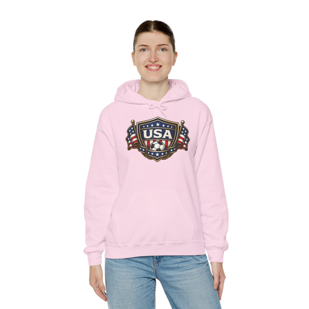 USA Shield Hoodie — American Flag Badge Pullover