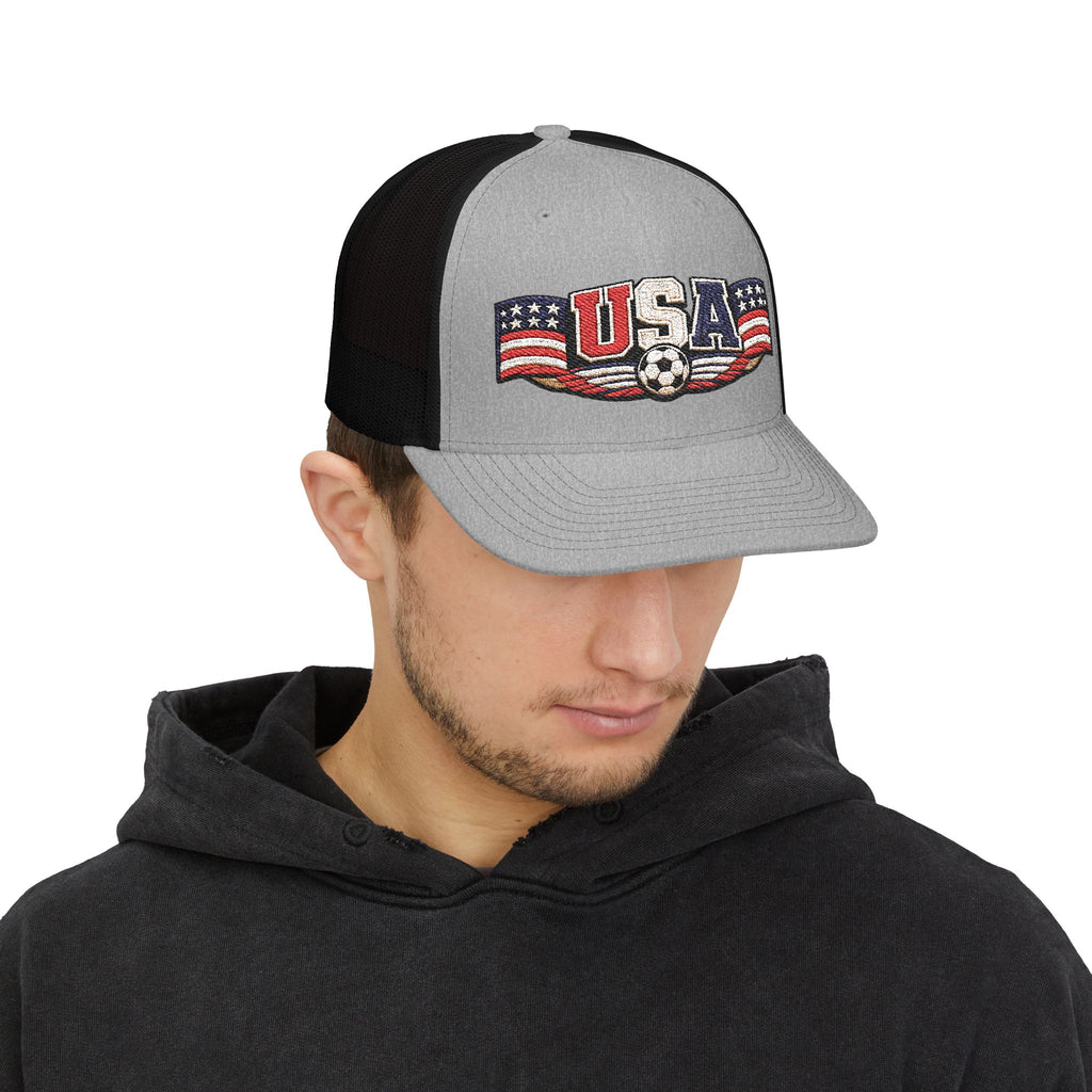 USA Soccer Trucker Cap — Patriotic Snapback Hat with Soccer Ball