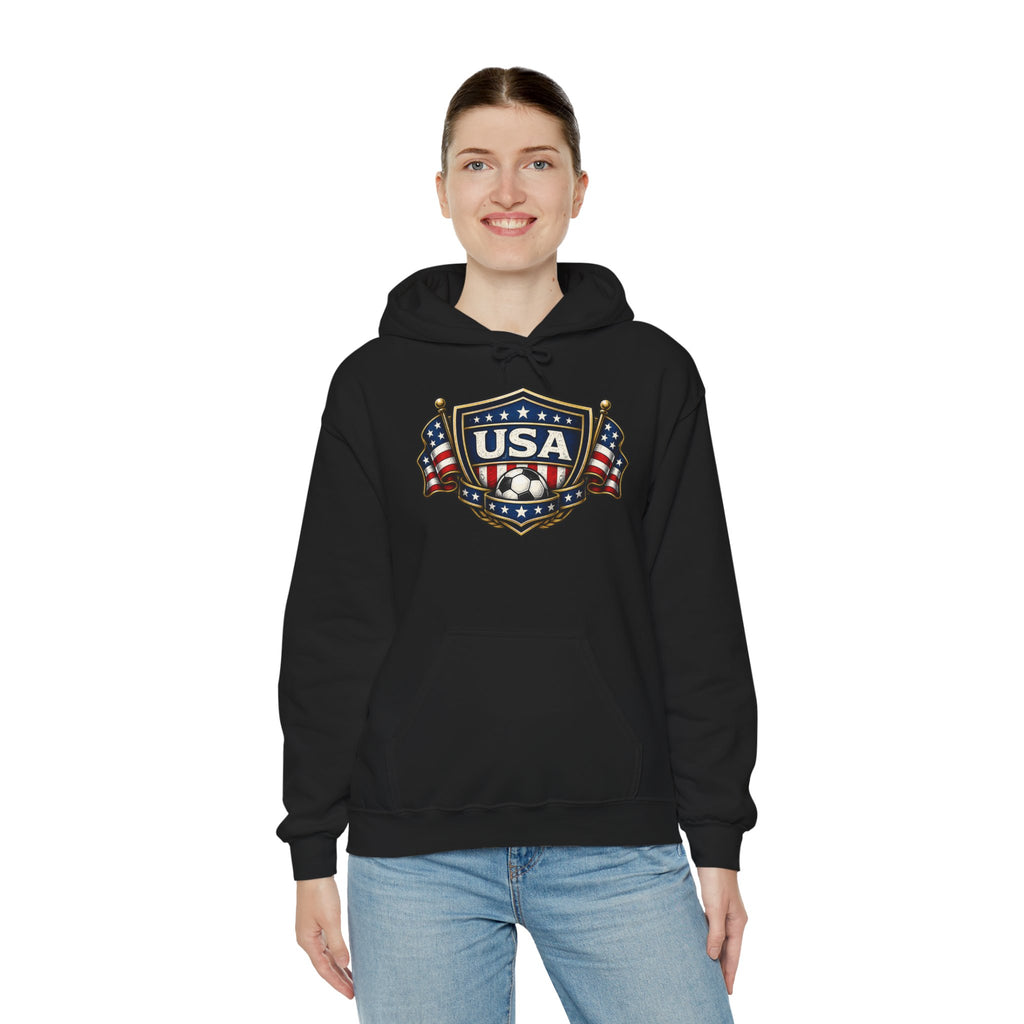 USA Shield Hoodie — American Flag Badge Pullover