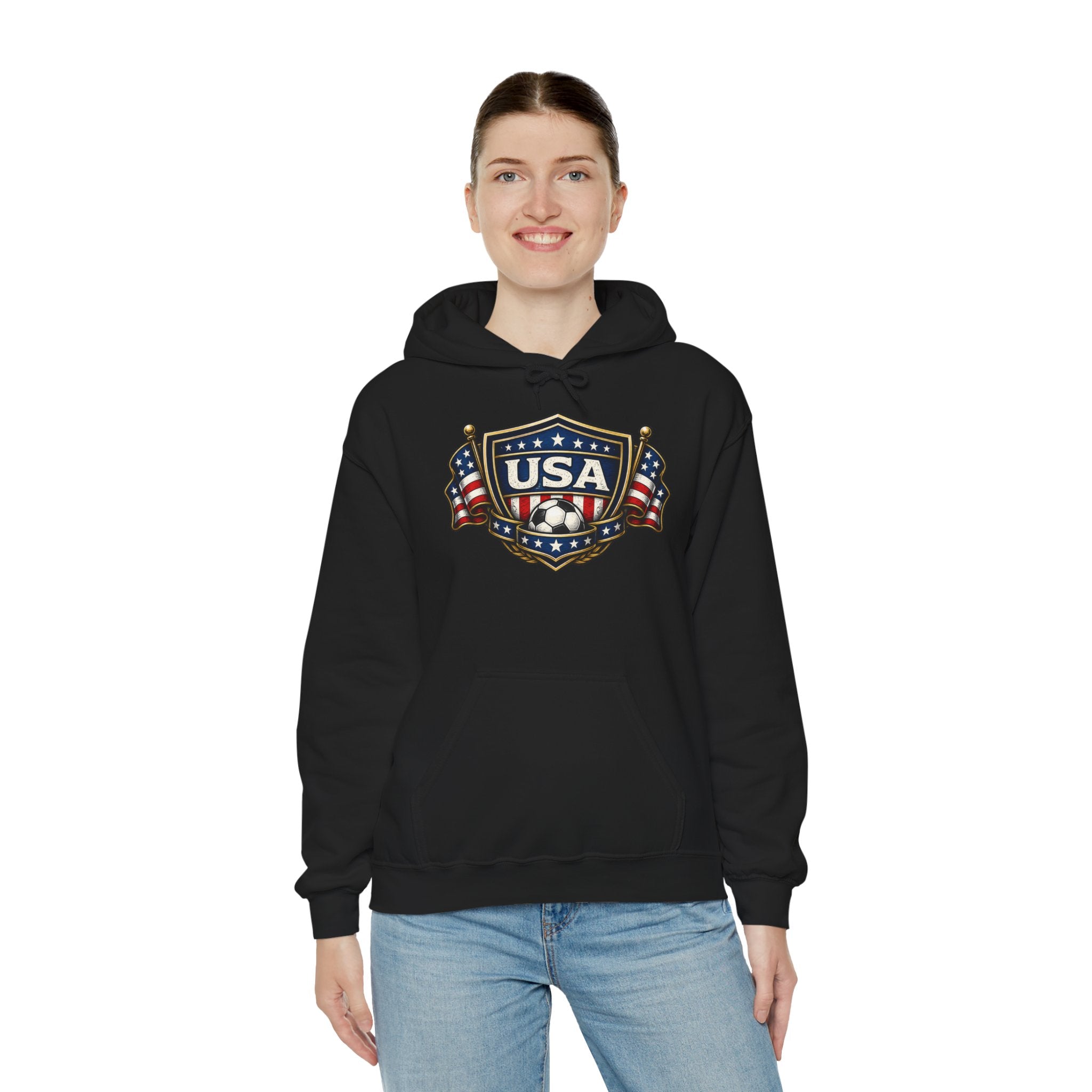 USA Shield Hoodie — American Flag Badge Pullover