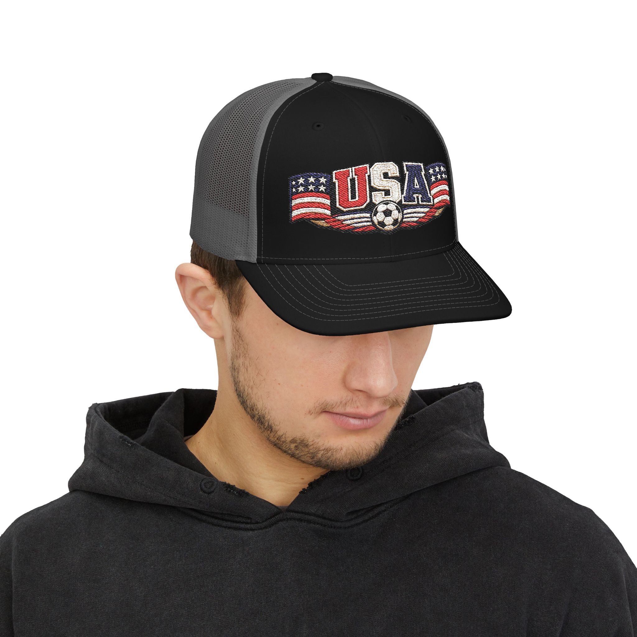 USA Soccer Trucker Cap — Patriotic Snapback Hat with Soccer Ball
