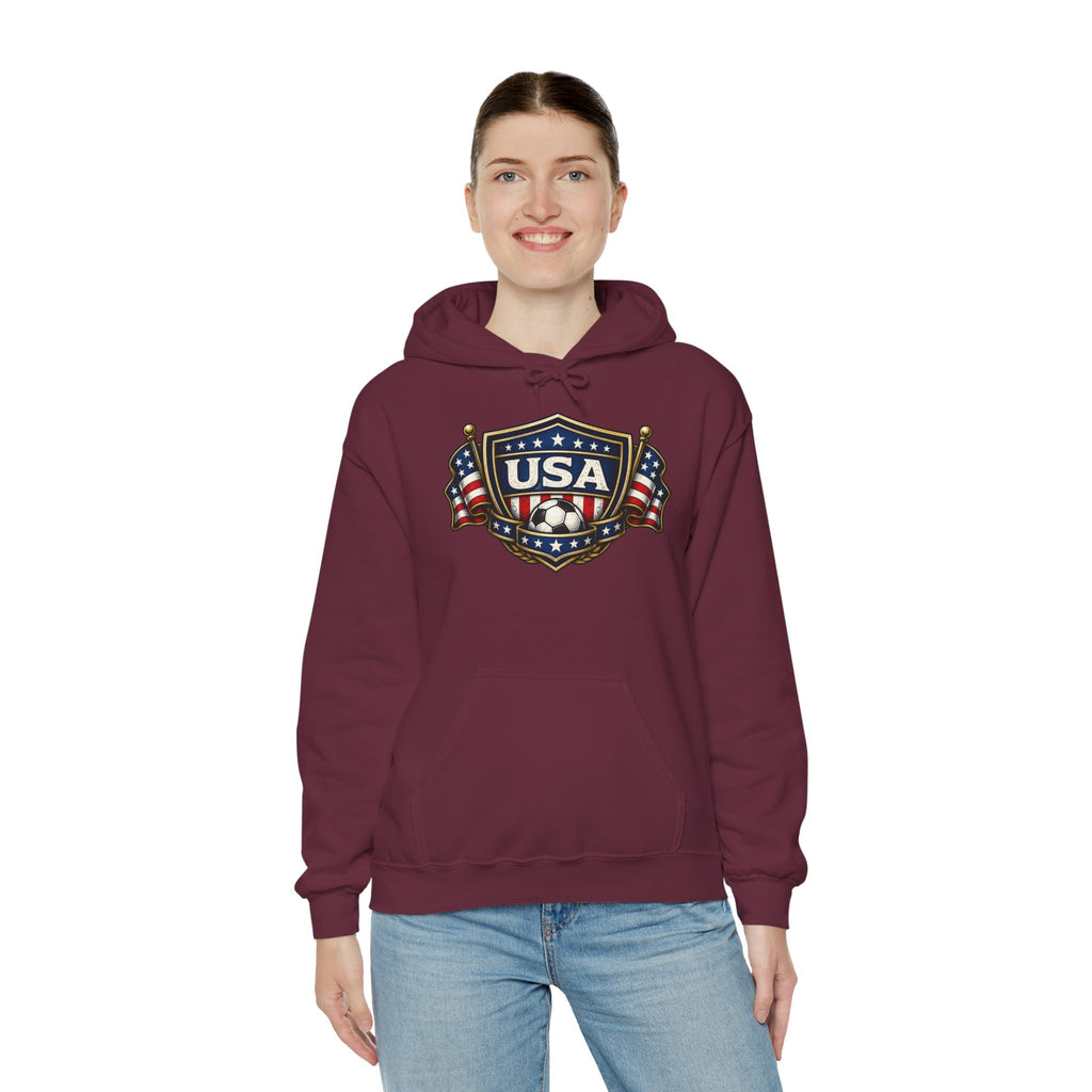 USA Shield Hoodie — American Flag Badge Pullover