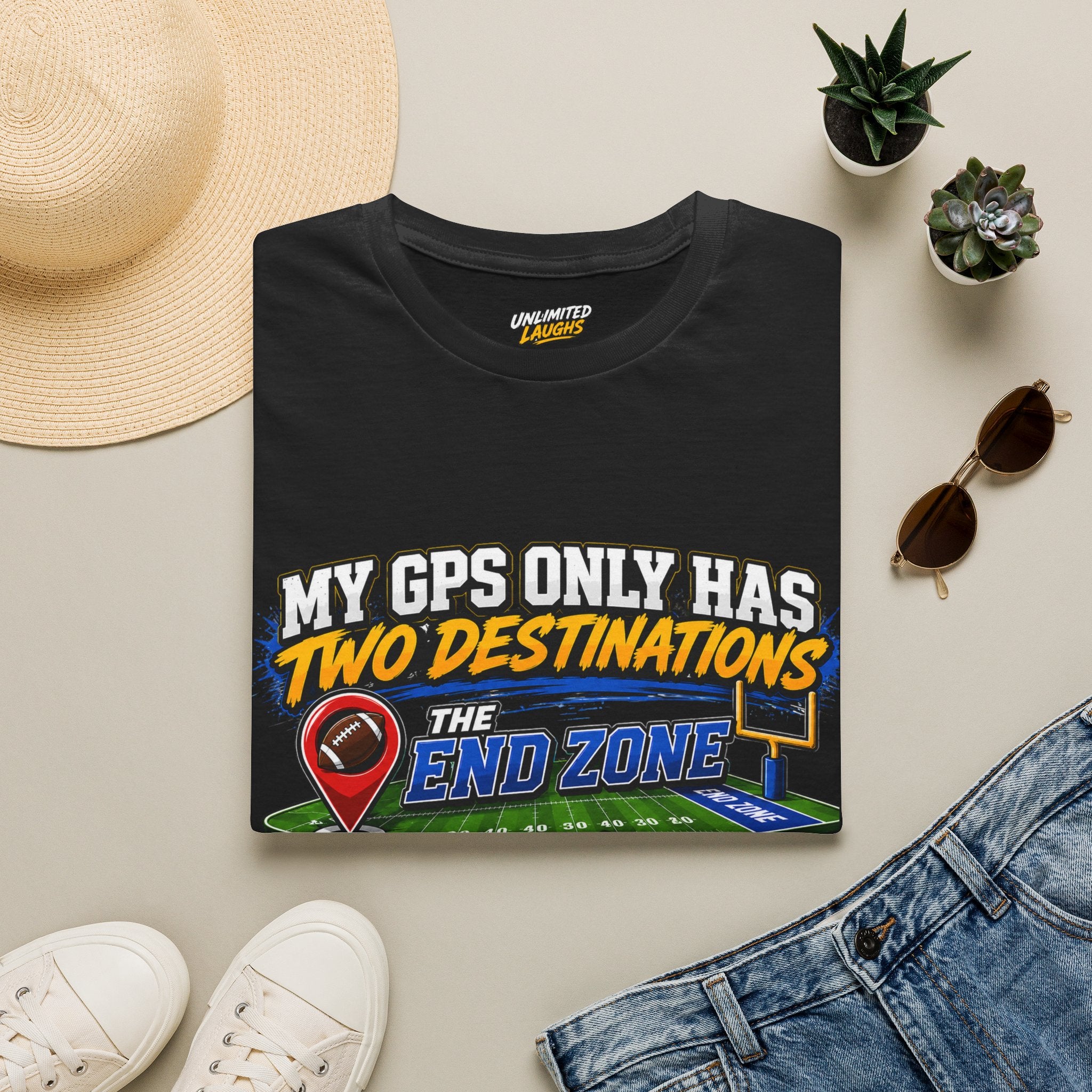 Football End Zone T-Shirt — "My GPS Only Has Two Destinations: The End Zone and Winning"