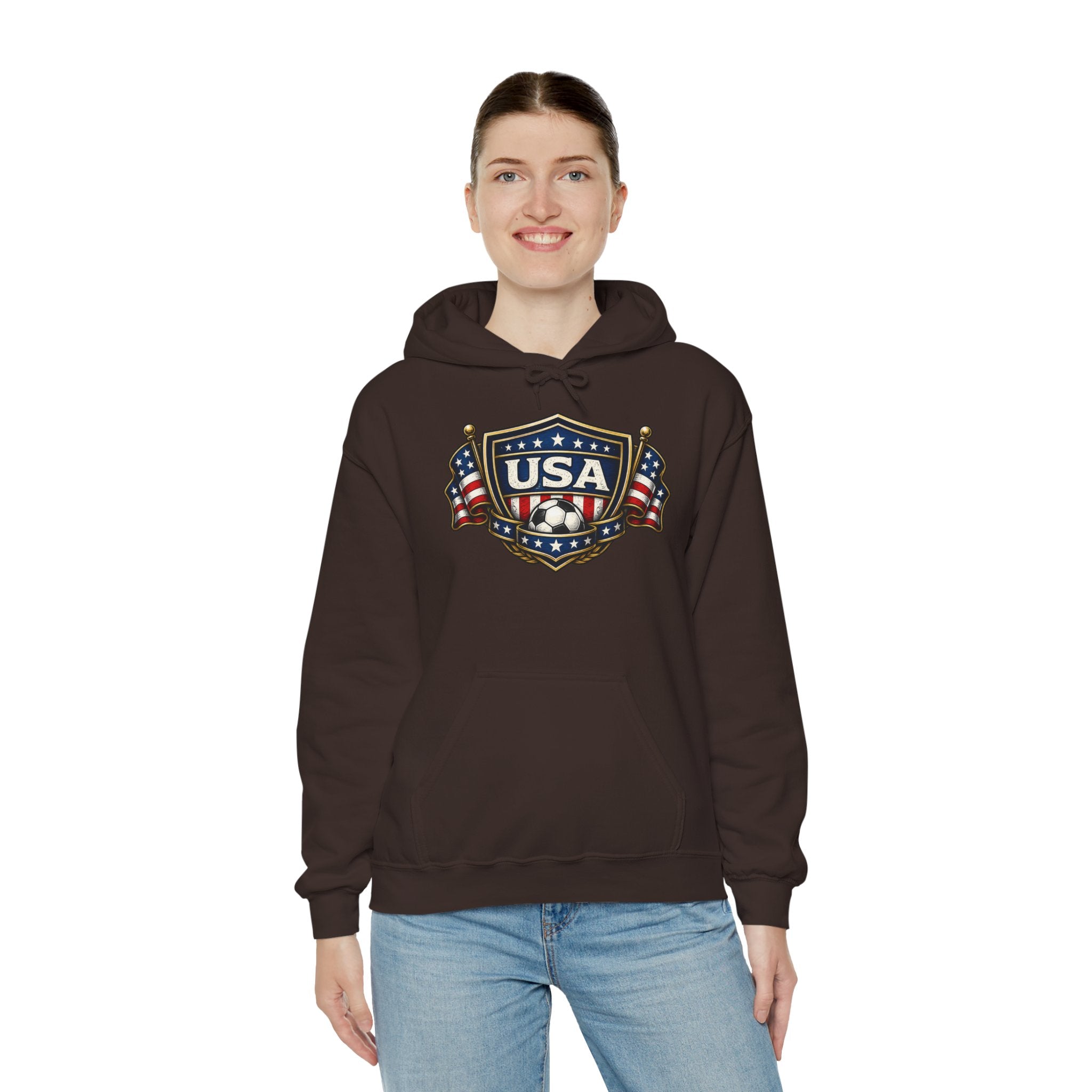 USA Shield Hoodie — American Flag Badge Pullover