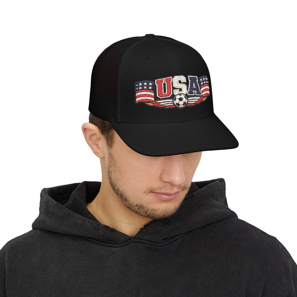 USA Soccer Trucker Cap — Patriotic Snapback Hat with Soccer Ball