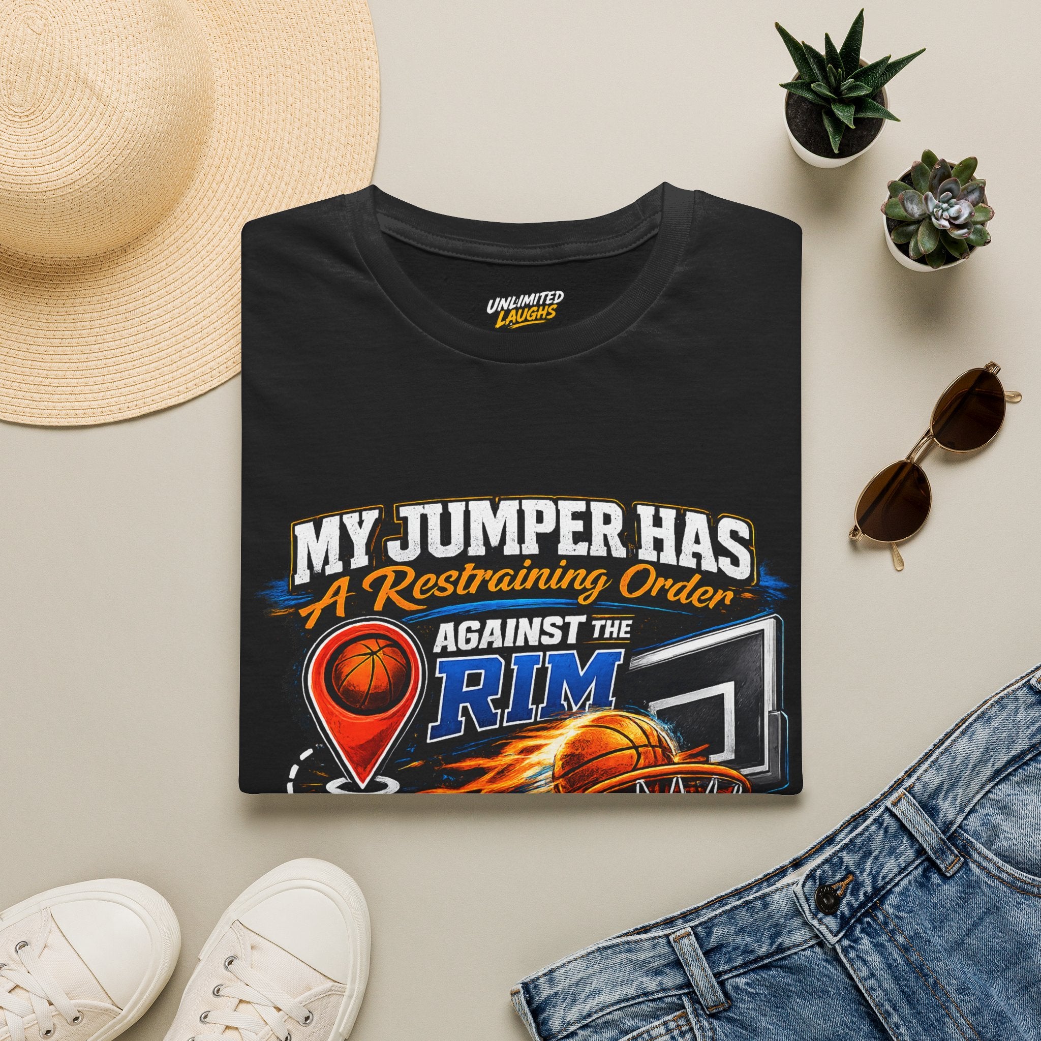 Basketball T‑Shirt — " Restraining Order Against The Rim"