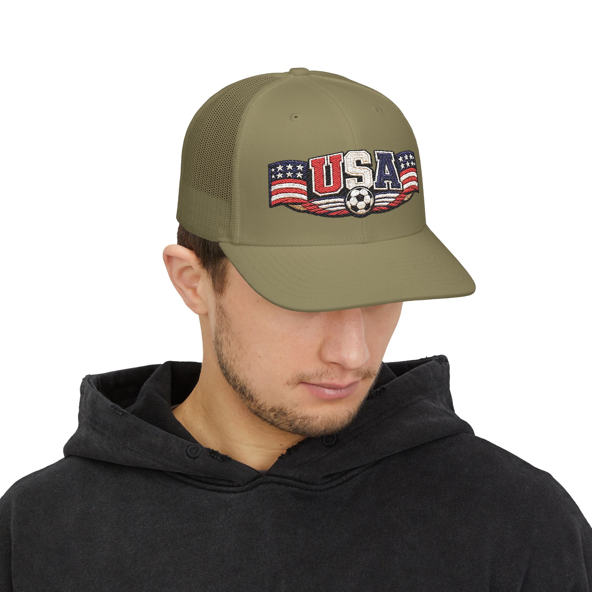 USA Soccer Trucker Cap — Patriotic Snapback Hat with Soccer Ball