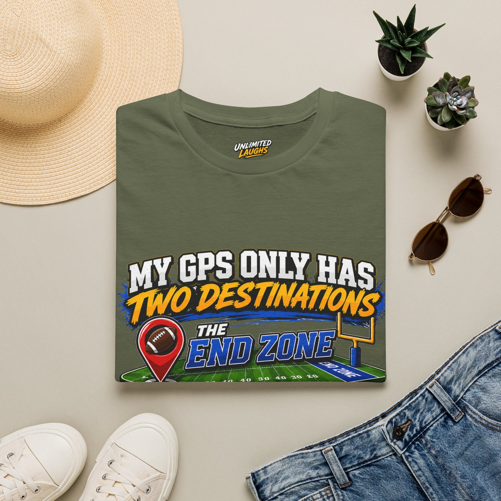 Football End Zone T-Shirt — "My GPS Only Has Two Destinations: The End Zone and Winning"