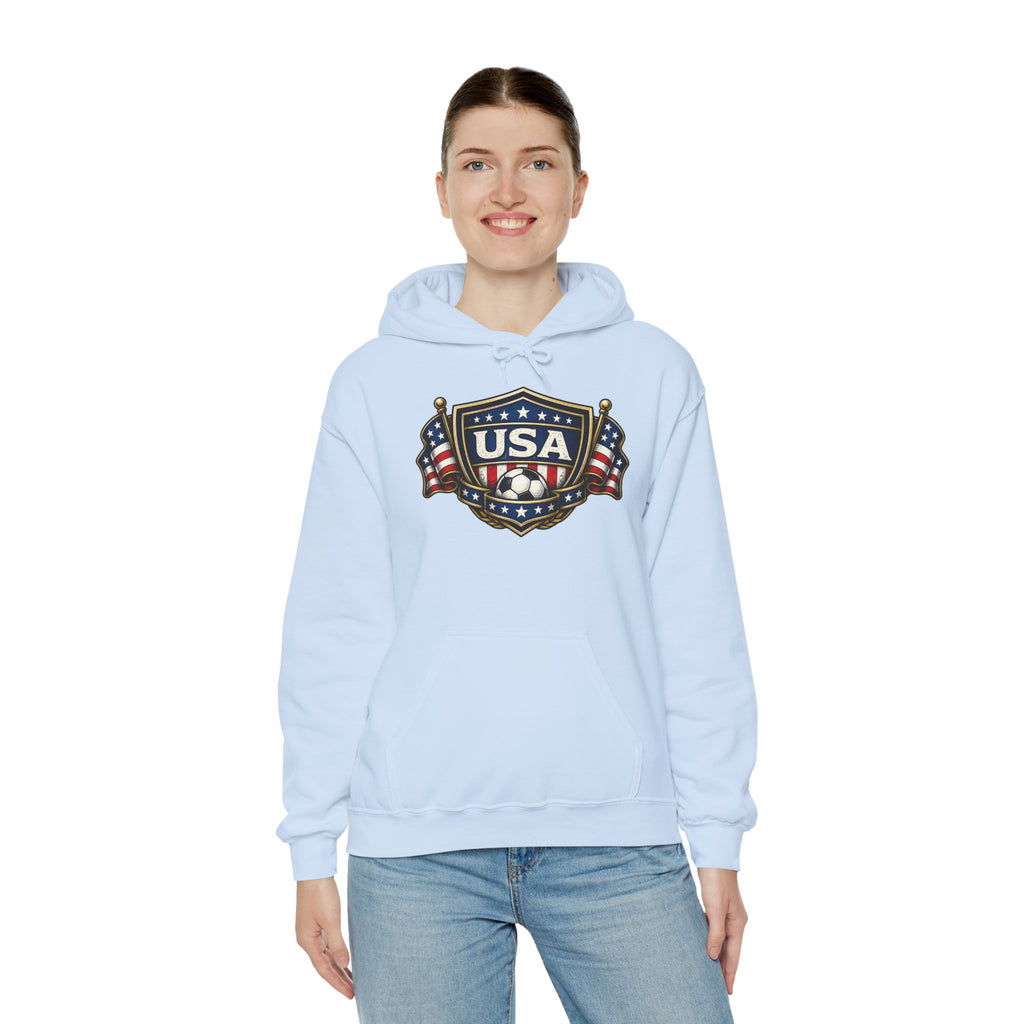 USA Shield Hoodie — American Flag Badge Pullover