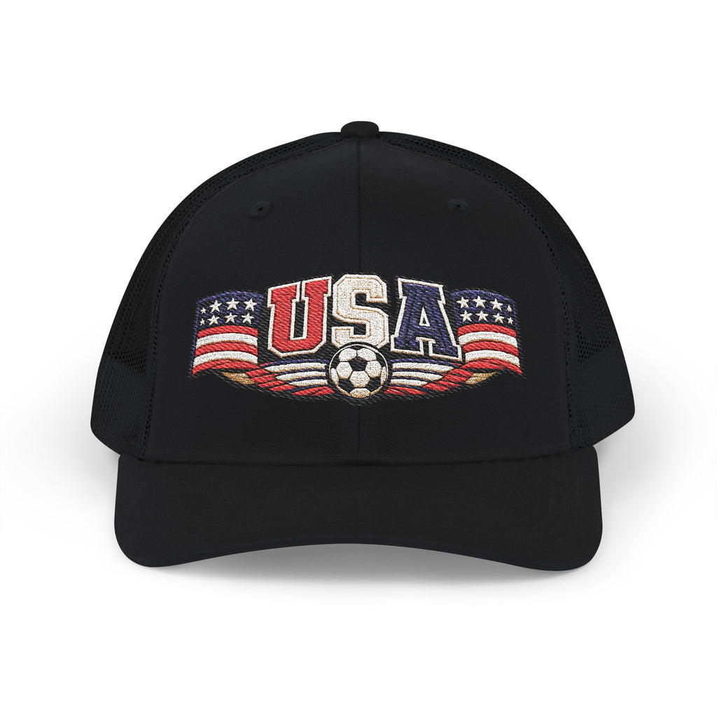 USA Soccer Trucker Cap — Patriotic Snapback Hat with Soccer Ball
