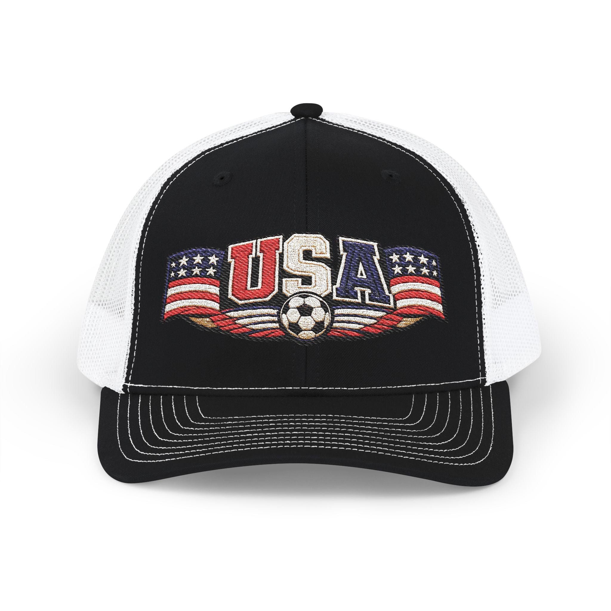 USA Soccer Trucker Cap — Patriotic Snapback Hat with Soccer Ball